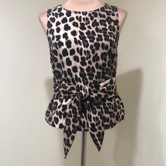 Zara Blouse Size Small Leopard Animal Print Bow Tie Front Peplum Tan Black - Picture 2 of 8